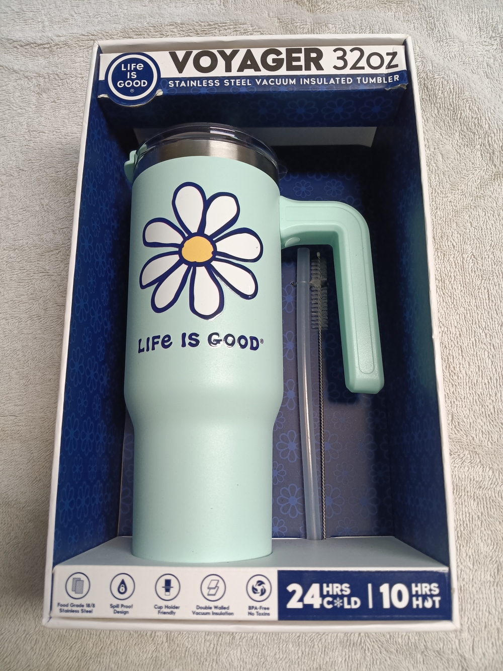 Life Is Good Mint Daisy Voyager 32oz Insulated Tumbler with Handle